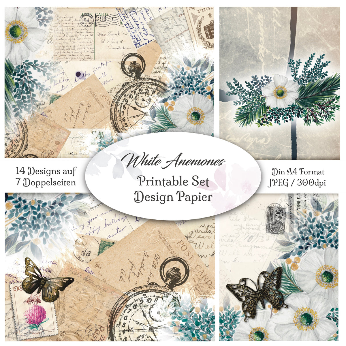 Digitales Papierset „Weisse Anemonen“ – A4 zum Ausdrucken