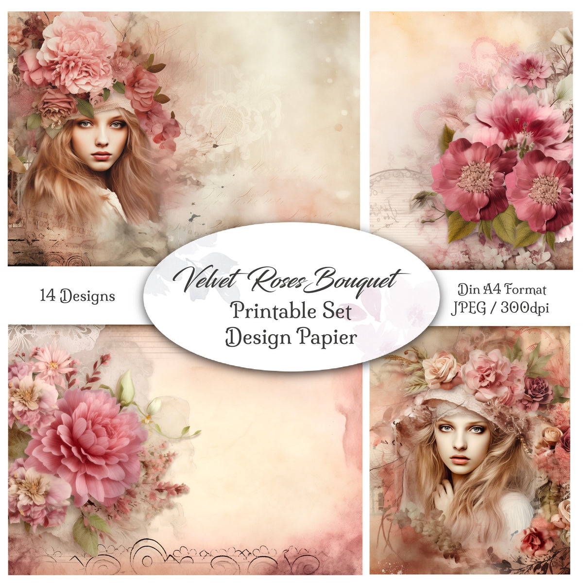 Digitales Papierset „Velvet Roses“ - A4 zum Ausdrucken