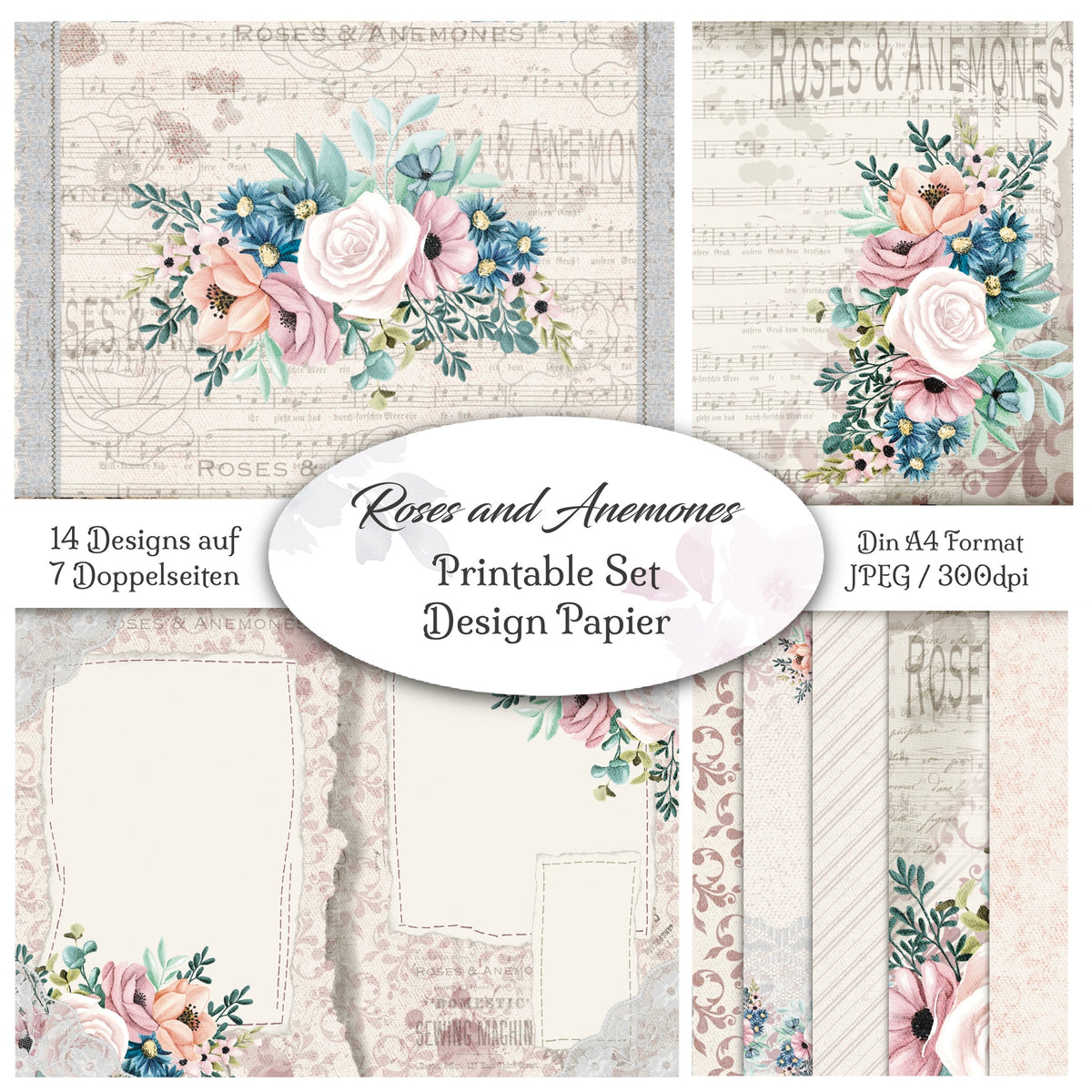 Digitales Papierset „Rosen & Anemonen“ - A4 zum Ausdrucken