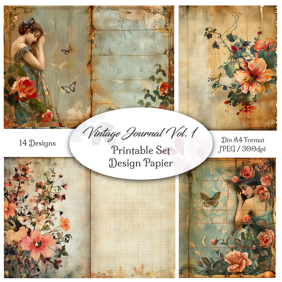 Digitales Papierset „Vintage Journal Vol.1“ - A4 zum Ausdrucken