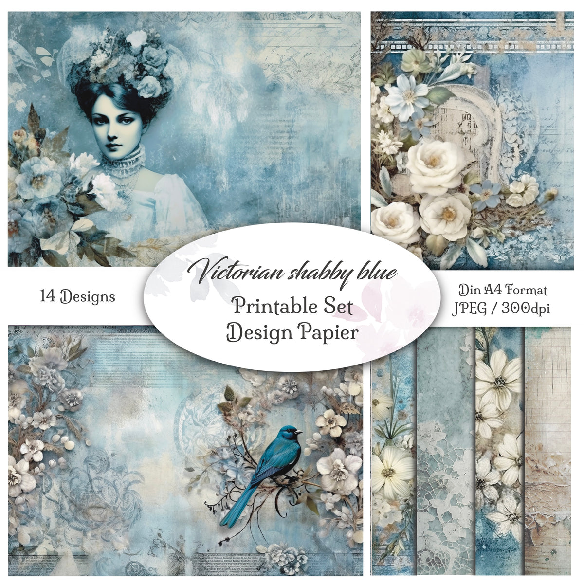Digitales Papierset „Victorian Shabby Blue“ - A4 zum Ausdrucken