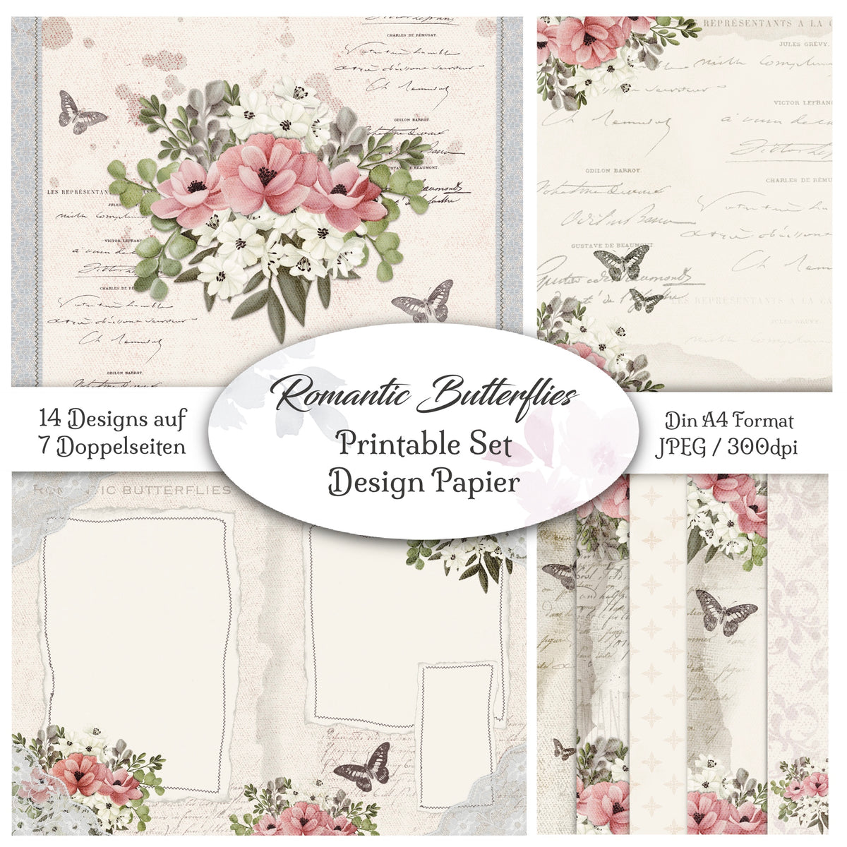 Digitales Papierset „Romantische Schmetterlinge“ - A4 zum Ausdrucken