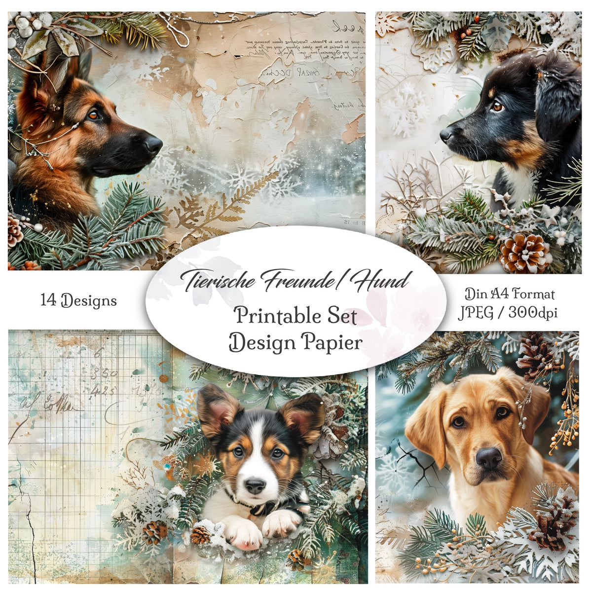 Digitales Papierset „Tierische Freunde - Hunde“ - A4 zum Ausdrucken