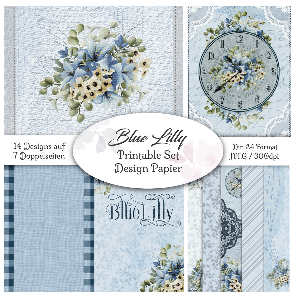 Digitales Papierset „Blue Lilly“ - A4 zum Ausdrucken