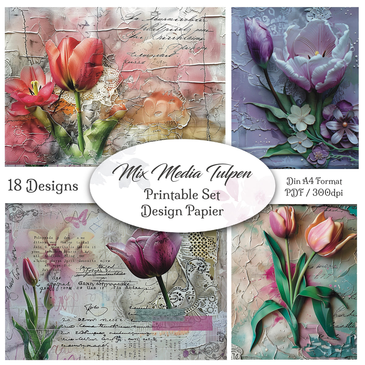 Digitales Papierset „Mix Media Tulpen“ - A4 zum Ausdrucken