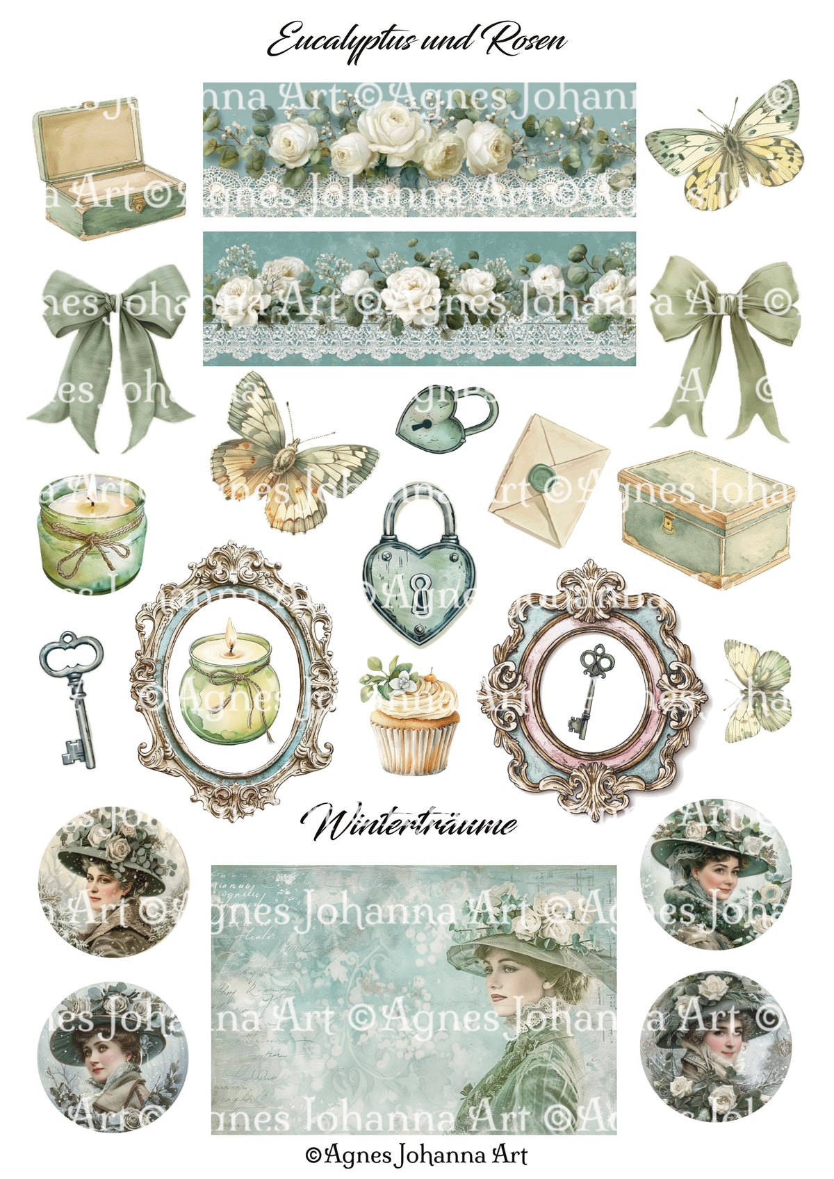 Gedrucktes Papierset "Eucalyptus und Rosen"
