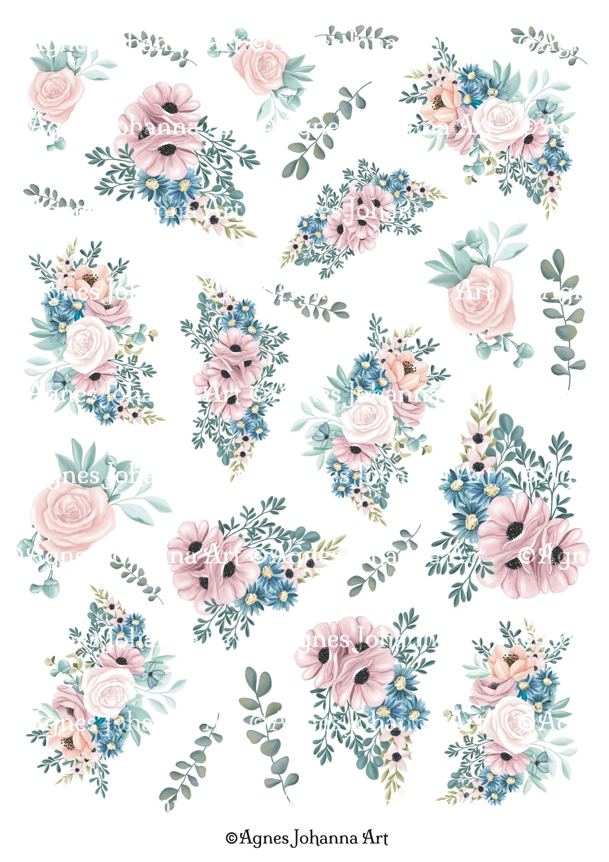 Gedrucktes Papierset "Rosen und Anemonen"
