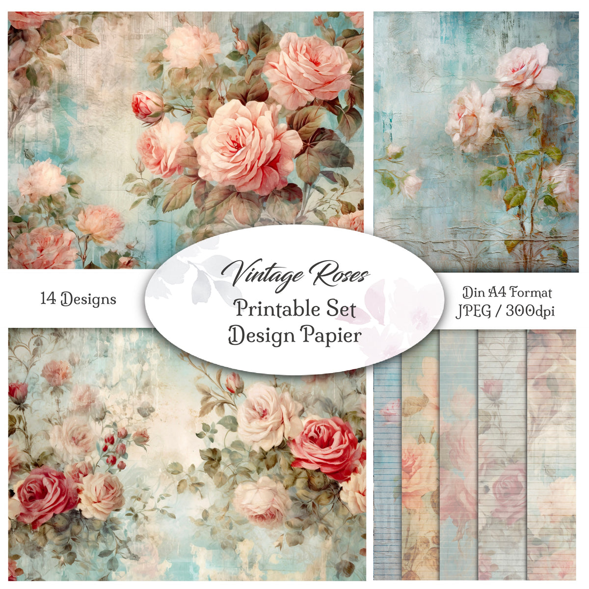 Digitales Papierset "Vintage Roses" - A4 zum Ausdrucken