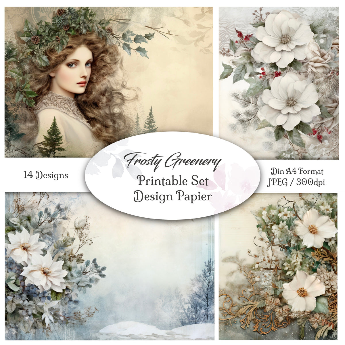 Digitales Papierset „Frosty Greenery“ - A4 zum Ausdrucken