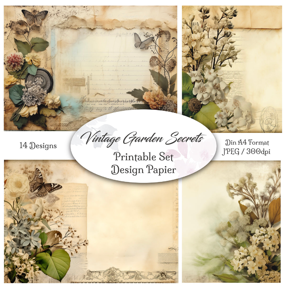 Digitales Papierset „Vintage Garden Secrets“ - A4 zum Ausdrucken