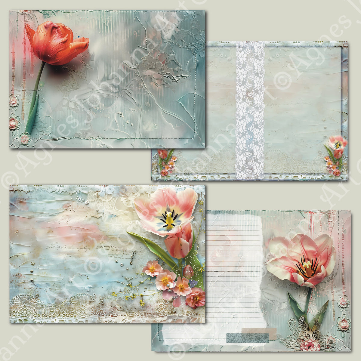 Digitales Papierset „Mix Media Tulpen“ - A4 zum Ausdrucken