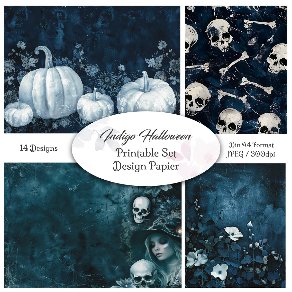 Digitales Papierset „Indigo Halloween“ - A4 zum Ausdrucken