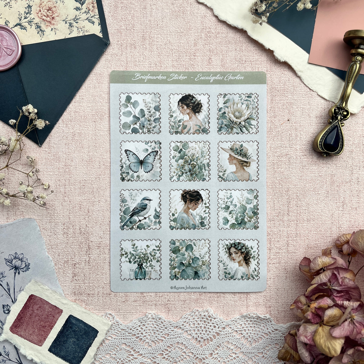 Eucalyptus Garten | Briefmarken Stickerbogen mit 12 Stickern