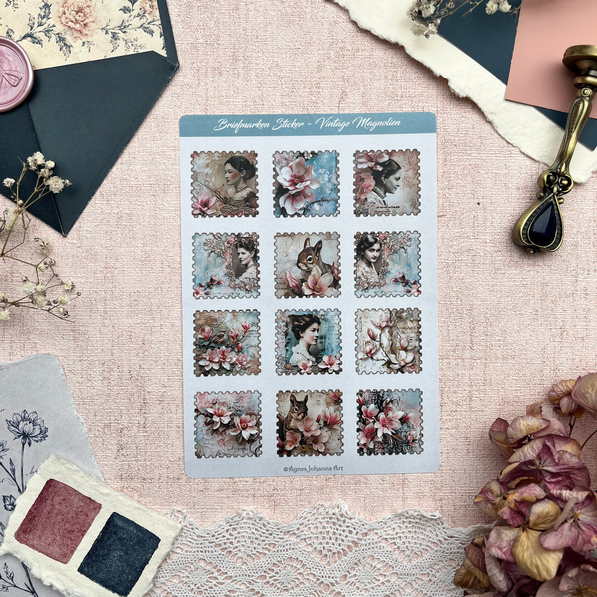 Vintage Magnolien | Briefmarken Stickerbogen mit 12 Stickern