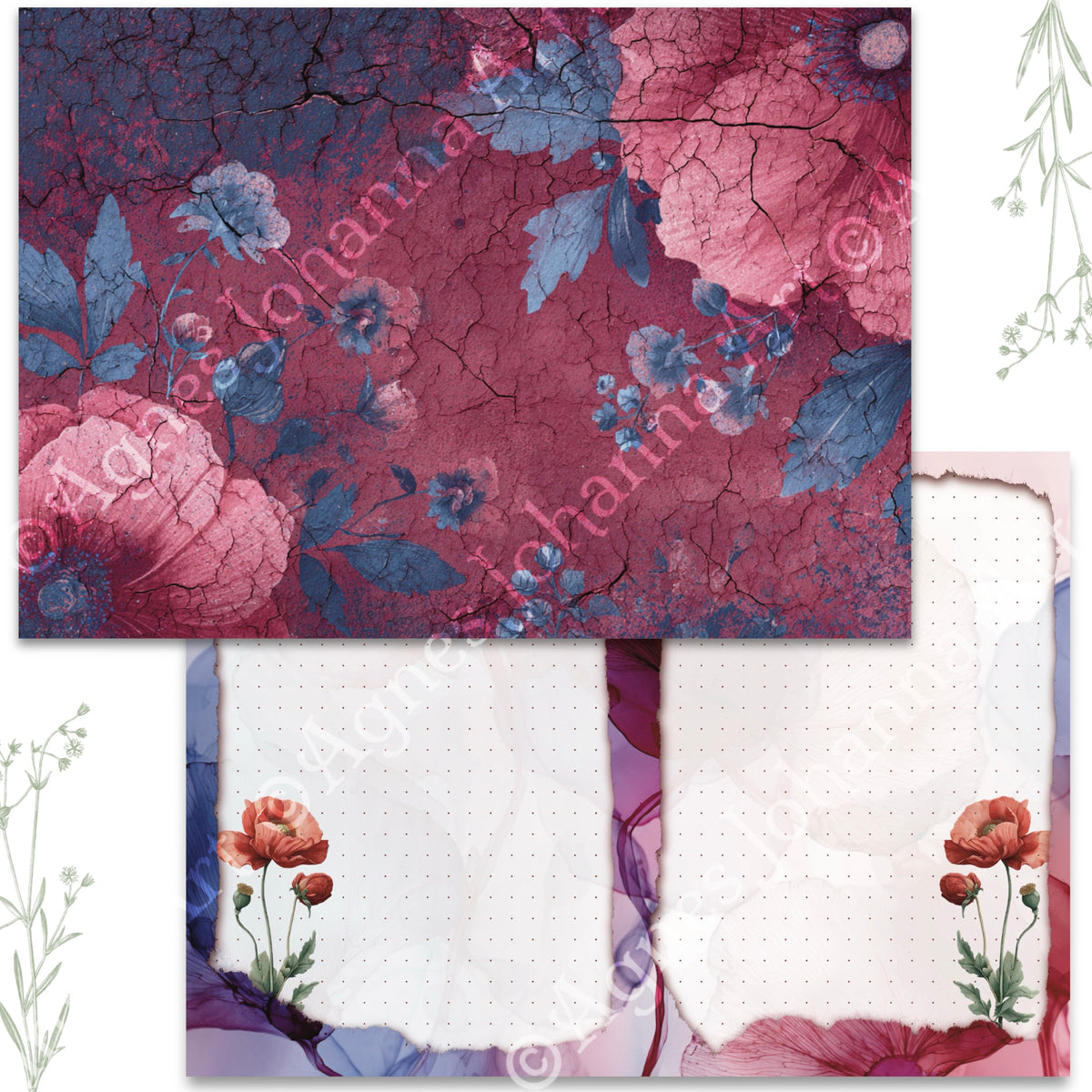 Gedrucktes Papierset "Mohnblumen"