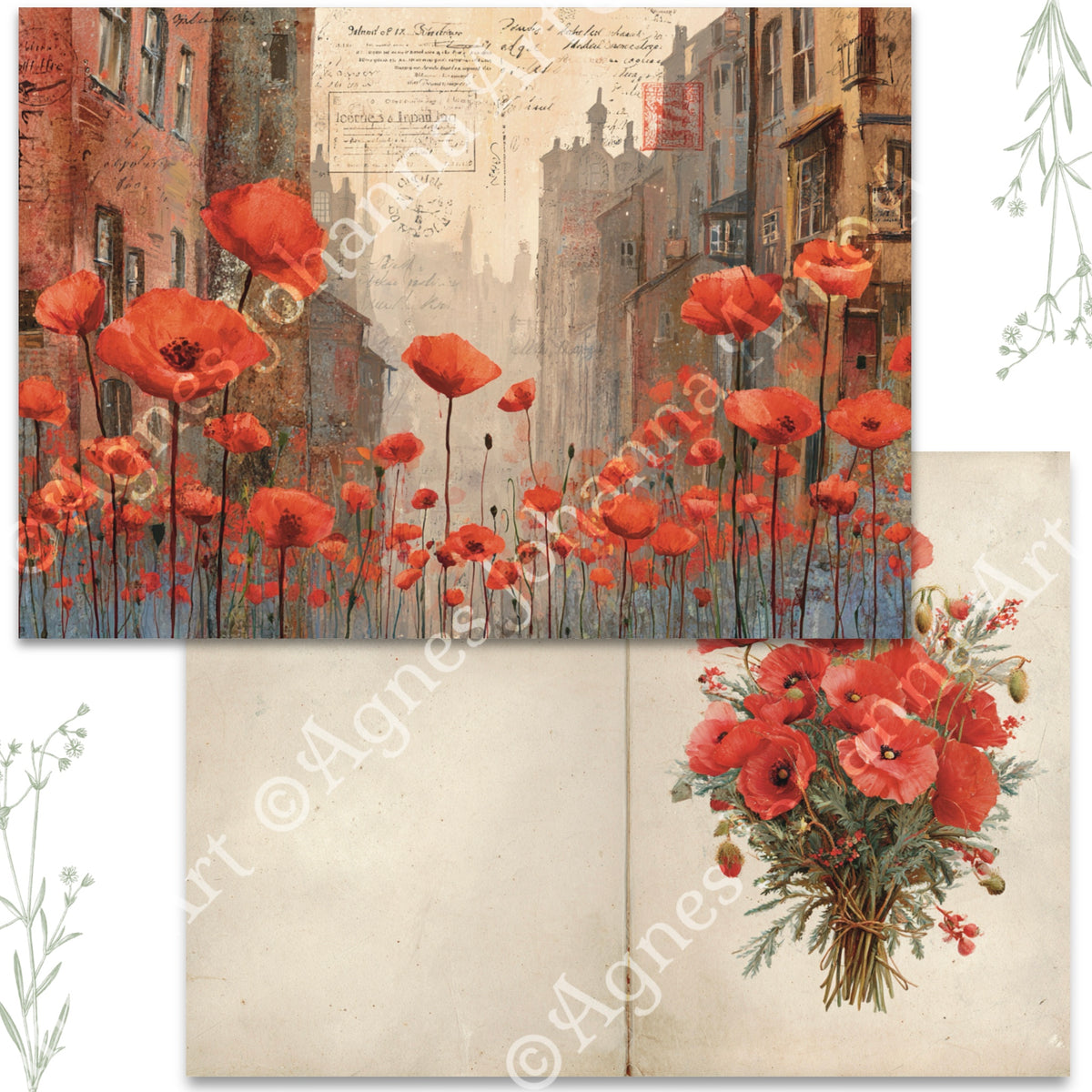 Gedrucktes Papierset "Mohnblumen"