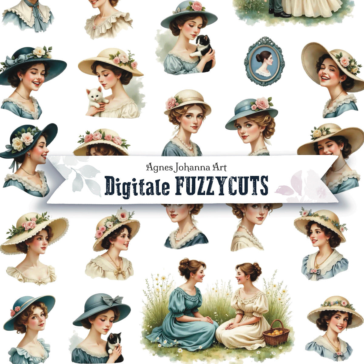 Digitale Fuzzy Cuts „Blaue Träume vergangener Zeit“ – Viktorianische Ladies
