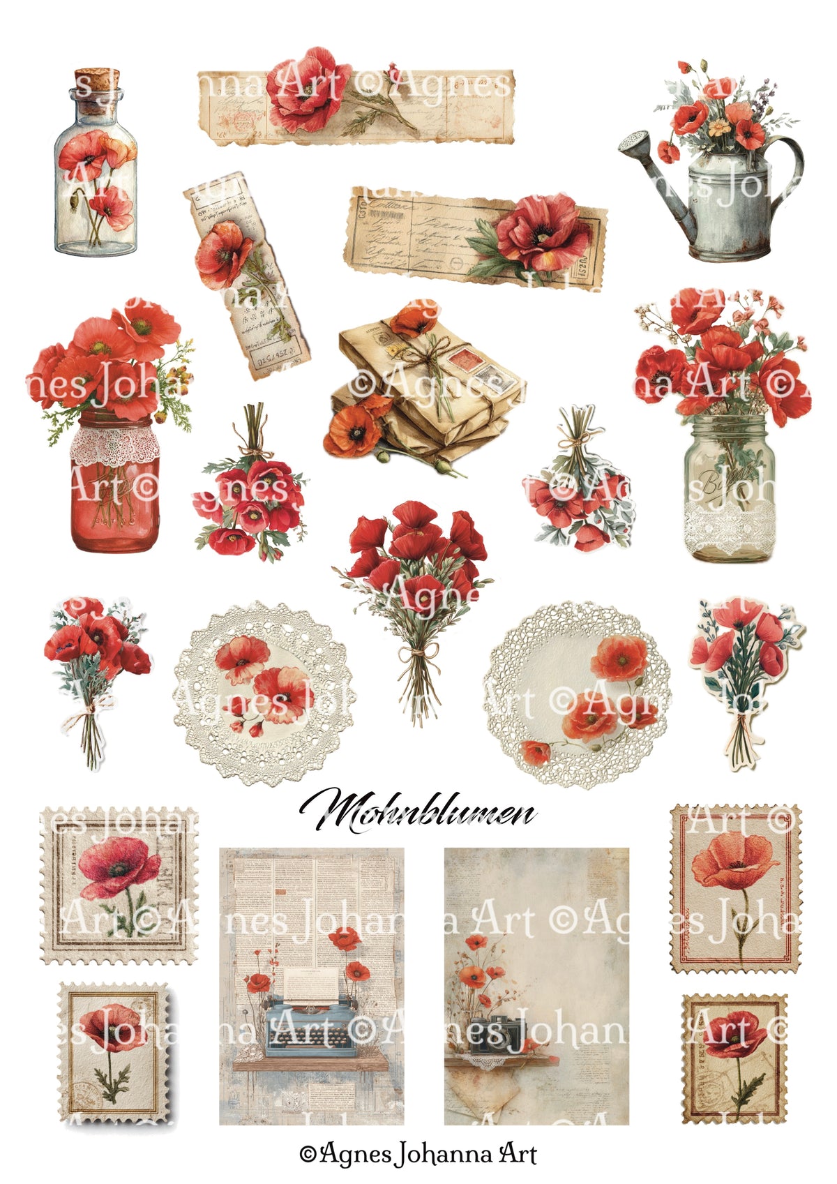 Gedrucktes Papierset "Mohnblumen"