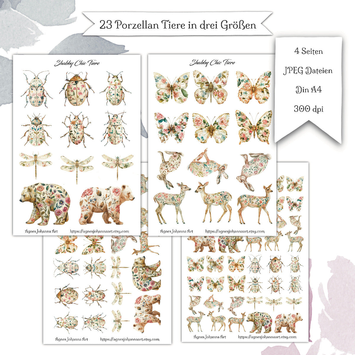 Digitale Fuzzy Cuts "Shabby Chic Tiere im Porzellan Stil"