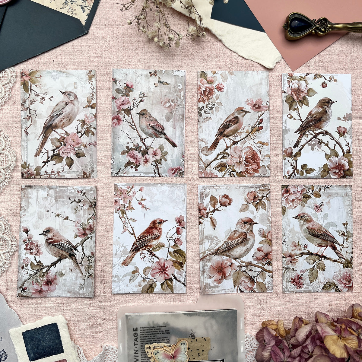 Shabby Chic Vögel | Journal Karten Set mit 8 Karten