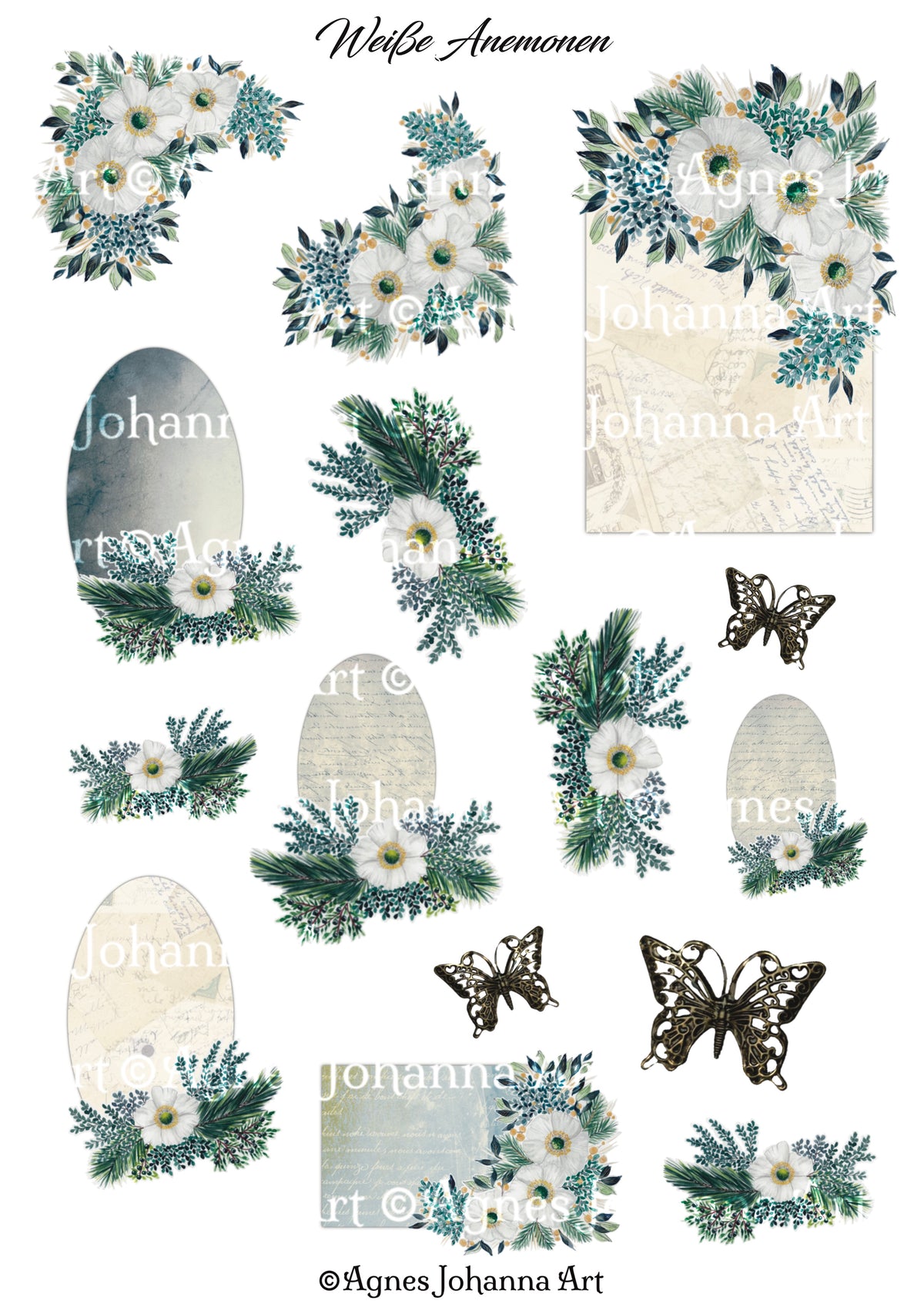 Gedrucktes Papierset "Weisse Anemonen"