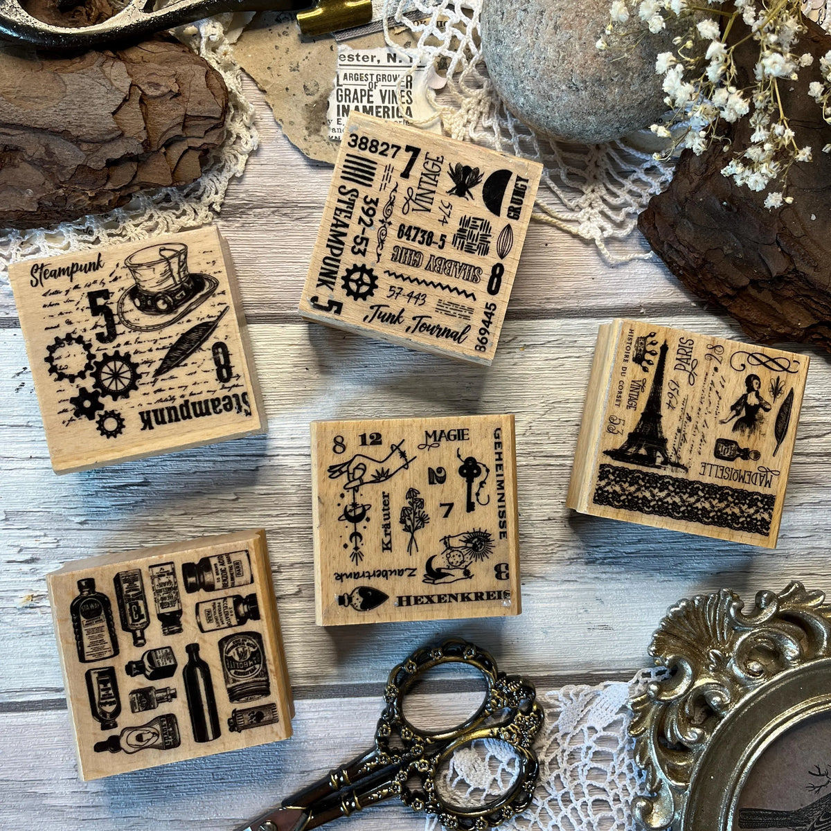 Holzstempel „Themen Collage“ – 5 x 5 cm